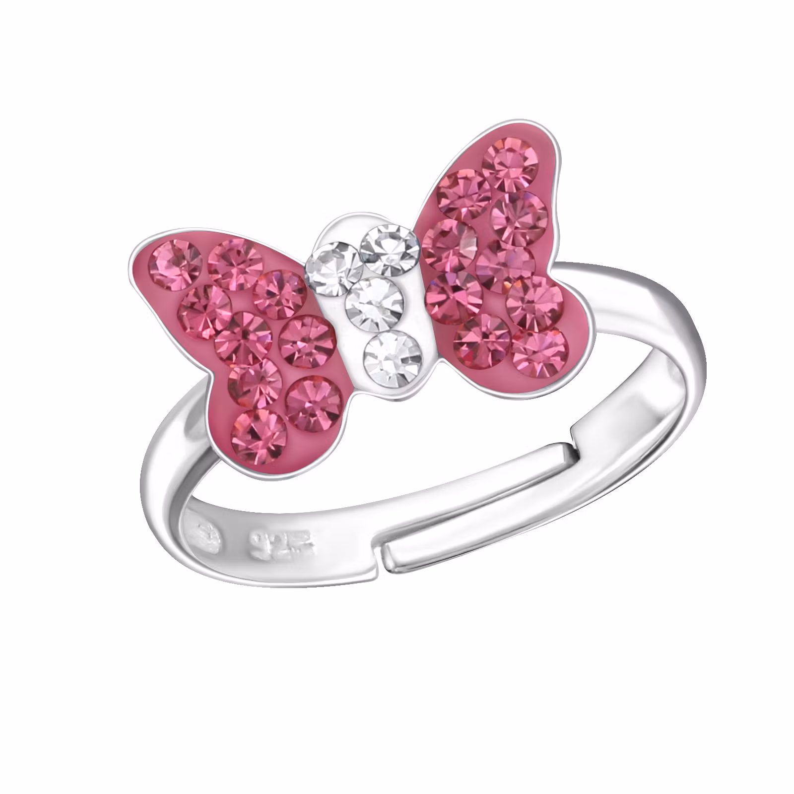 Ring till barn Fjäril mörkrosa glitter - söt, justerbar silverring - en barnring i äkta silver