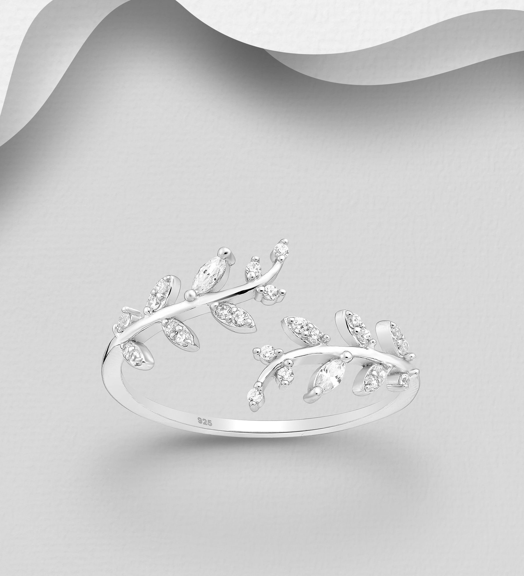 Silverring med blad av snygga Cubic Zirkonia stenar - vacker tunn ring till tjej/ dam i äkta 925 sterling silver