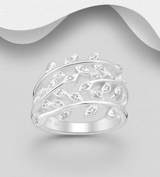 Silverring bred med små blad & stenar - äkta 925 silver