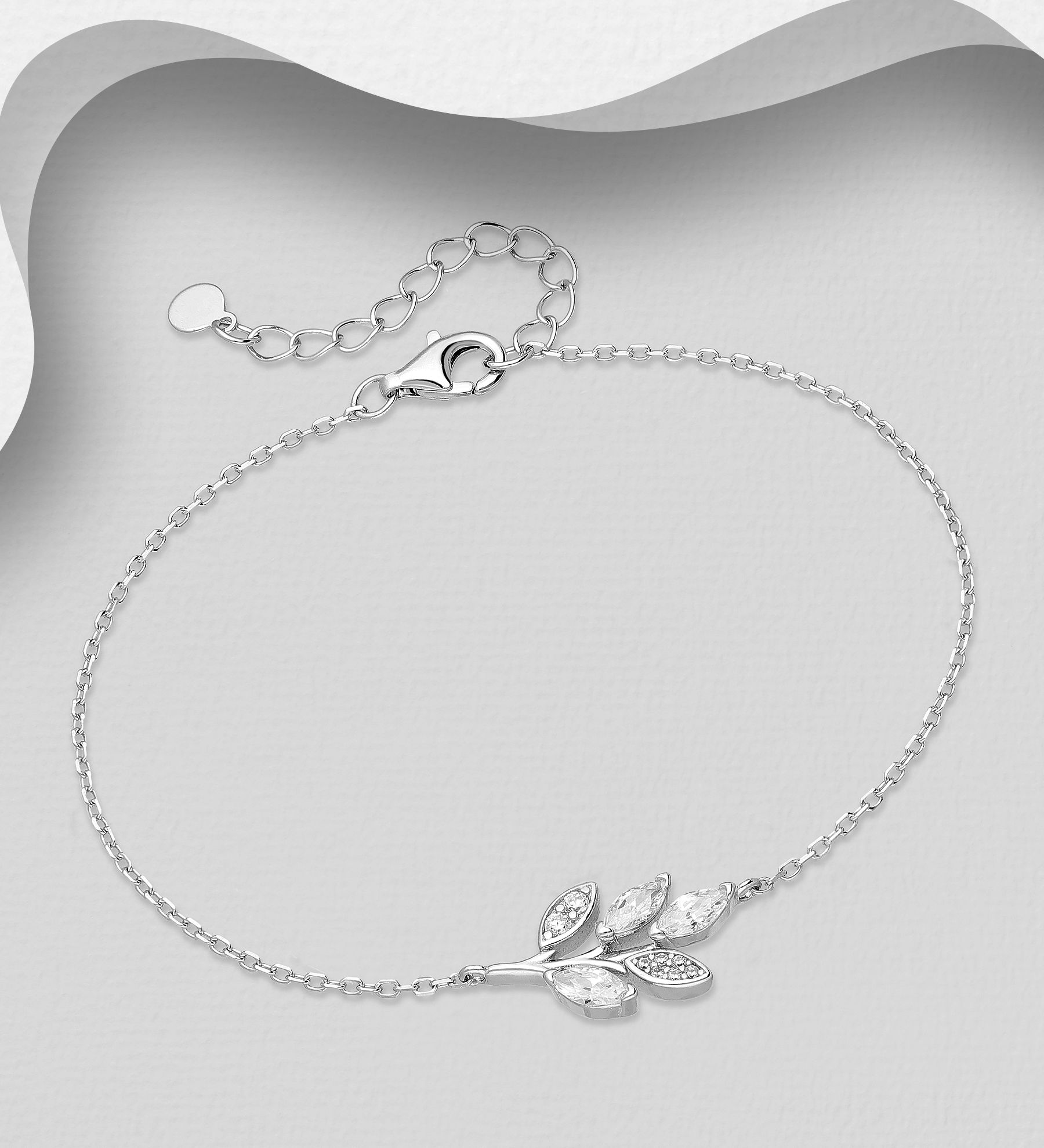 Silverarmband med vackert löv av glittrande cubic stenar - elegant armband till tjej/ dam i snygg design & äkta 925 sterling silver