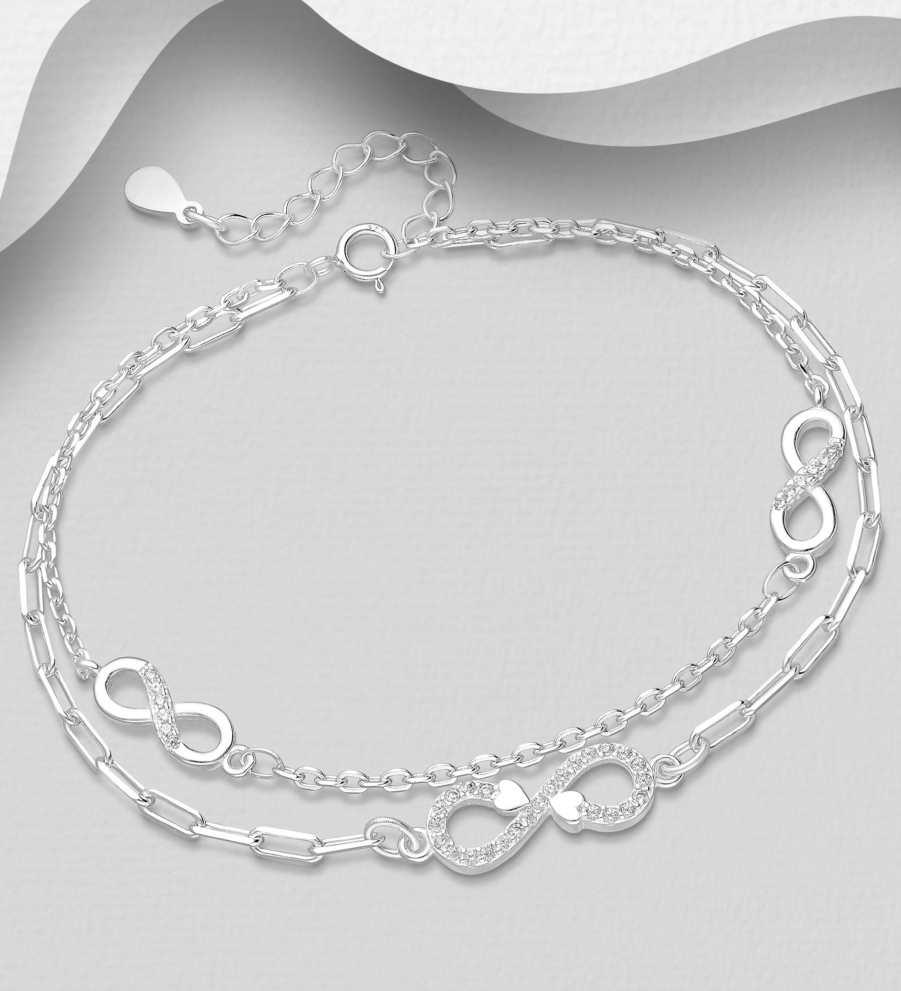 Silverarmband dubbelradigt, glittrande Evighetstecken med cubic zirkonia stenar - armband till tjej/ dam i snygg design & äkta 925 sterling silver