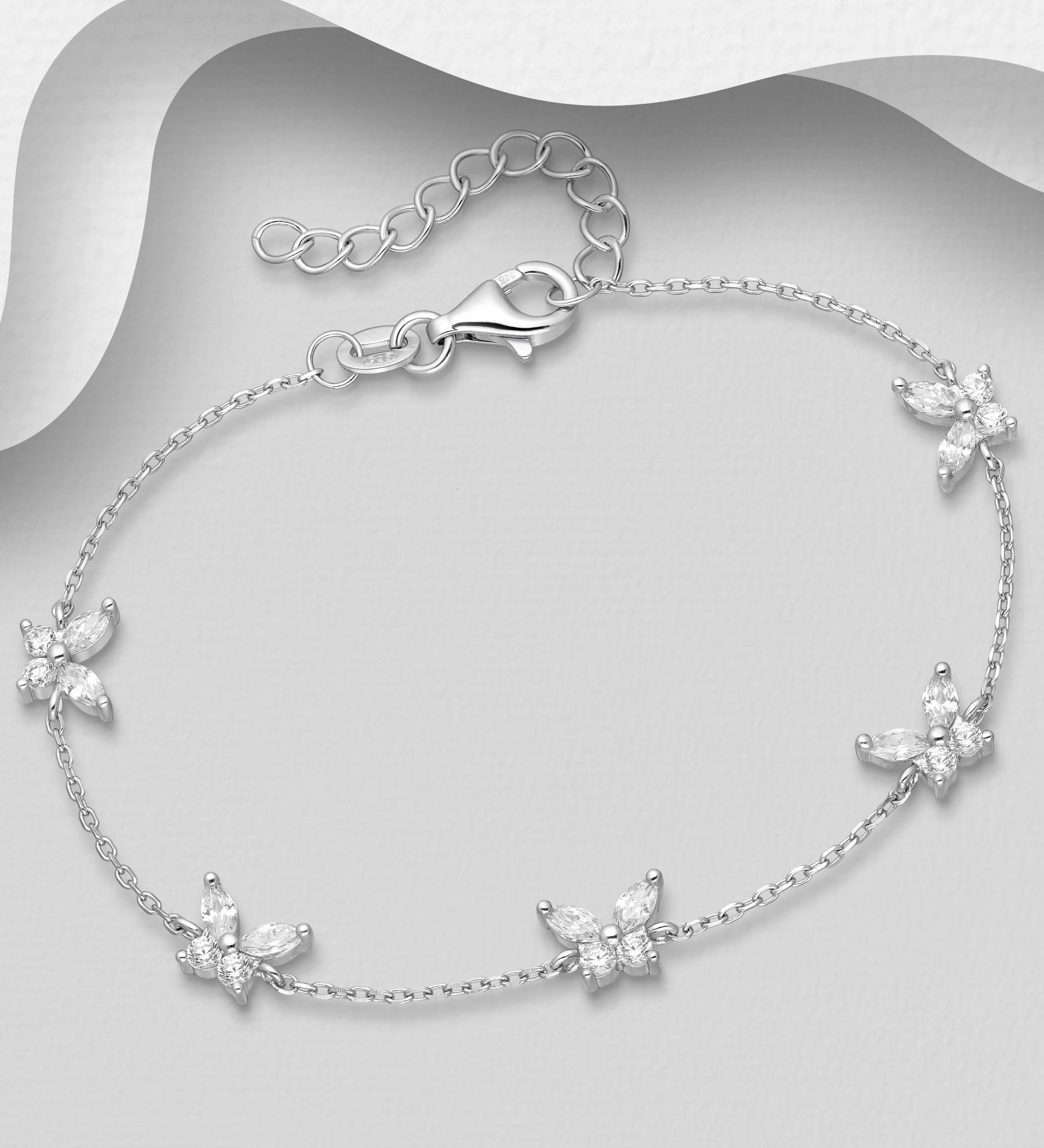 Silverarmband fem Fjärilar av glittrande cubic zirkonia stenar - vackert armband till tjej/ dam i snygg design & äkta 925 sterling silver