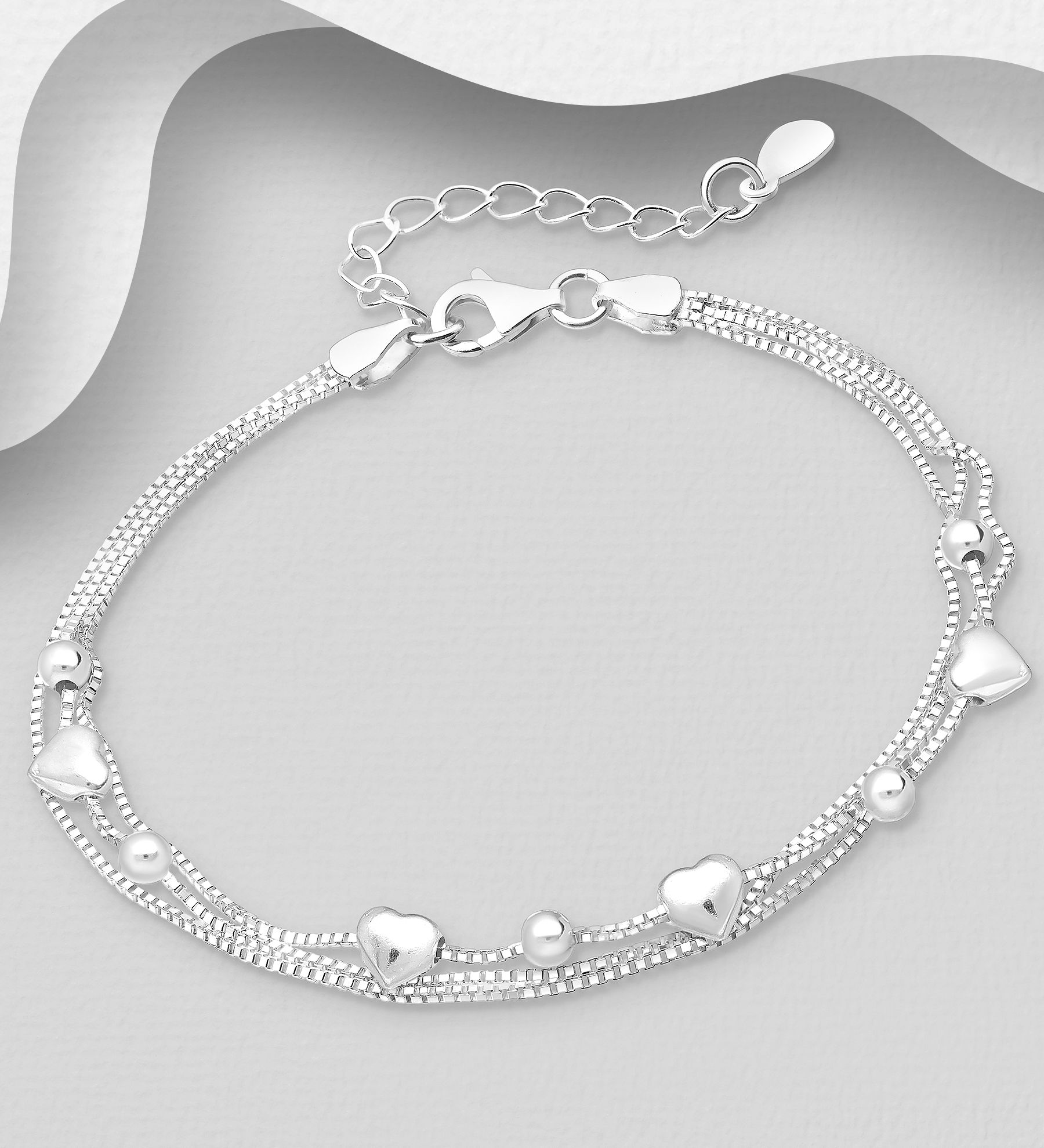 Silverarmband treradigt armband med Hjärtan & Silverkulor - vackert armband till tjej/ dam i snygg design & äkta 925 sterling silver