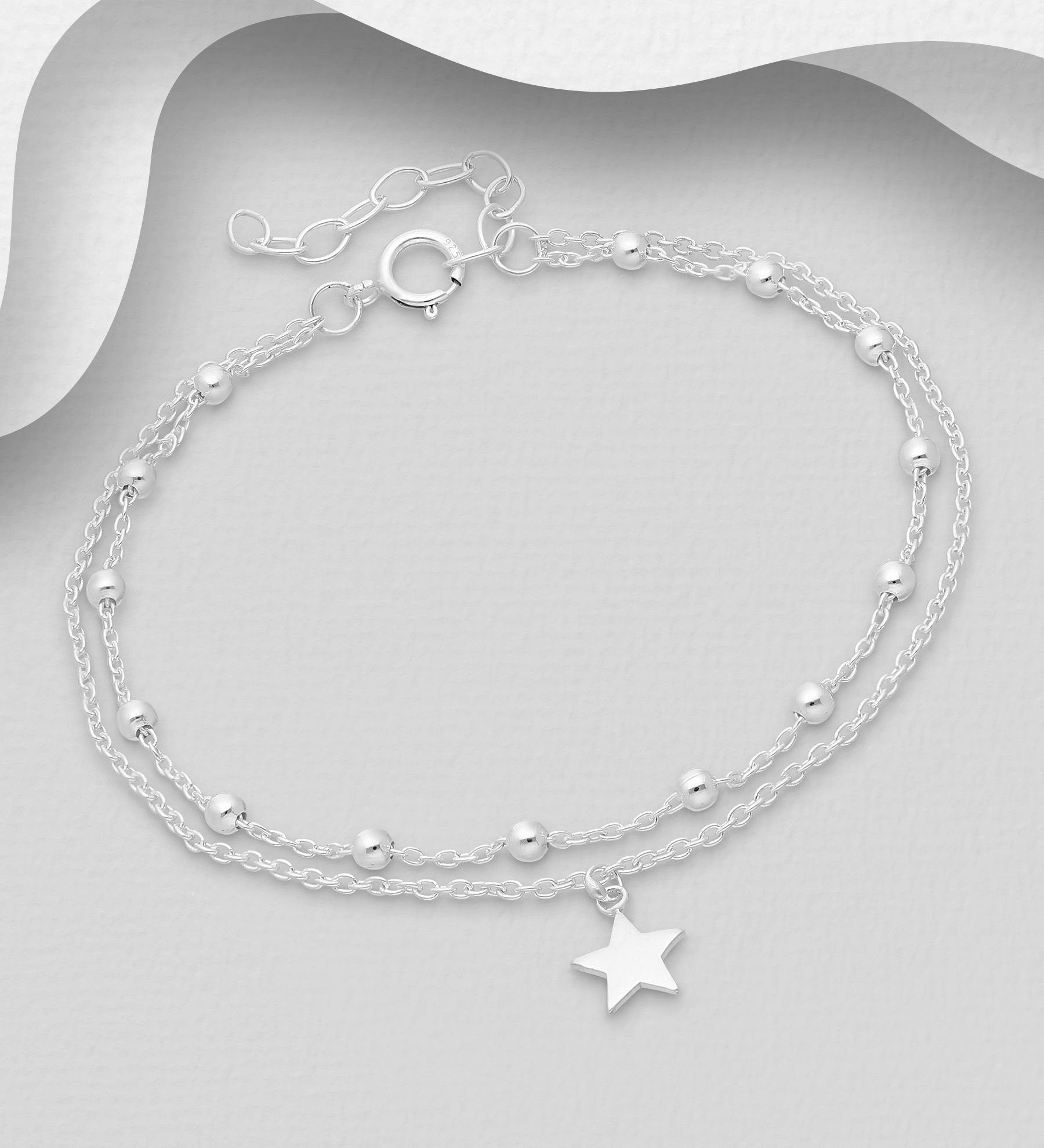 Silverarmband dubbelt med Stjärna & Silverkulor - armband till tjej/ dam i snygg design & äkta 925 sterling silver