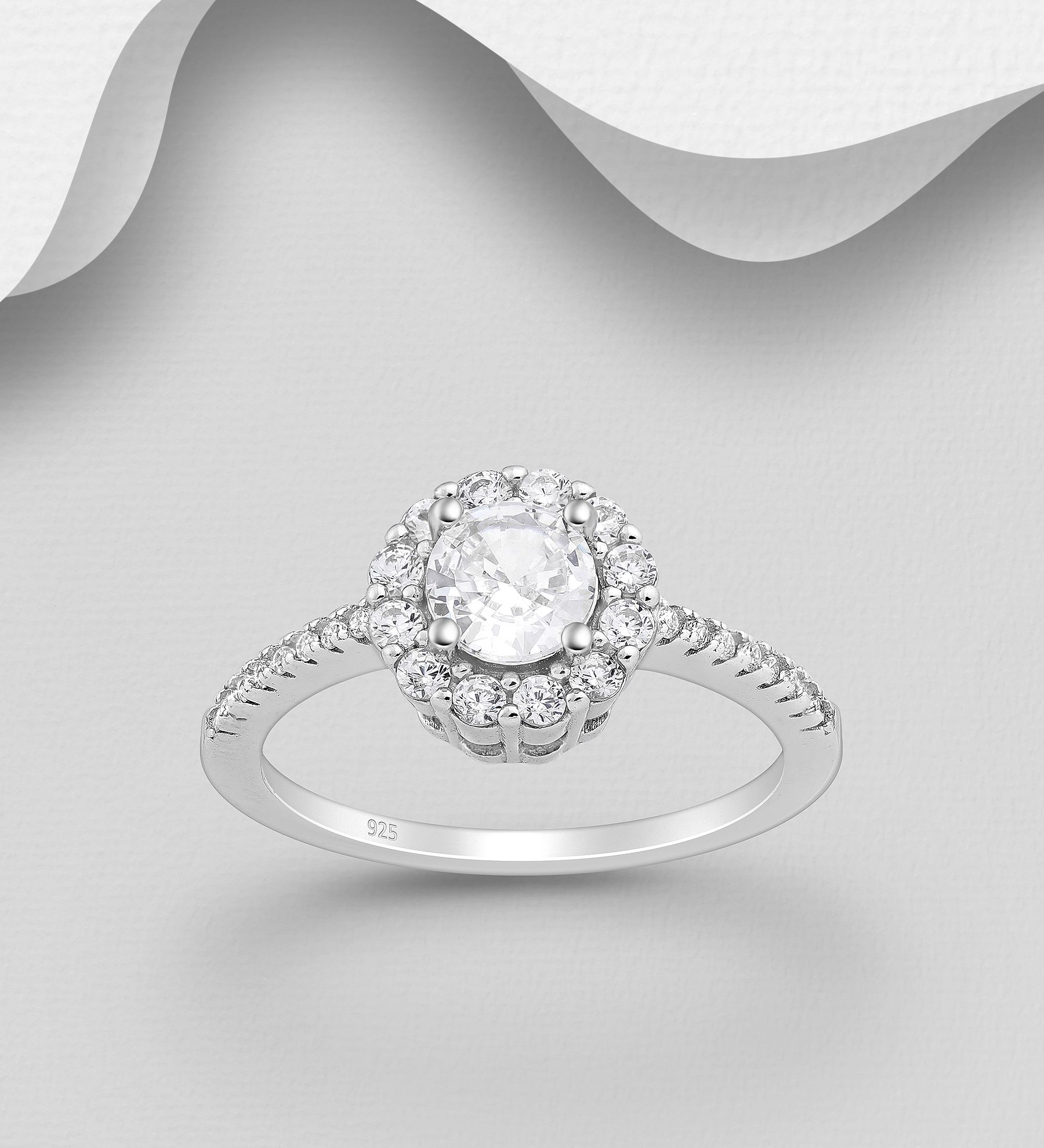 Silverring Halo med fina, glittrande cubic zirkonia stenar - snygga ringar till tjej/ dam i äkta 925 sterling silver