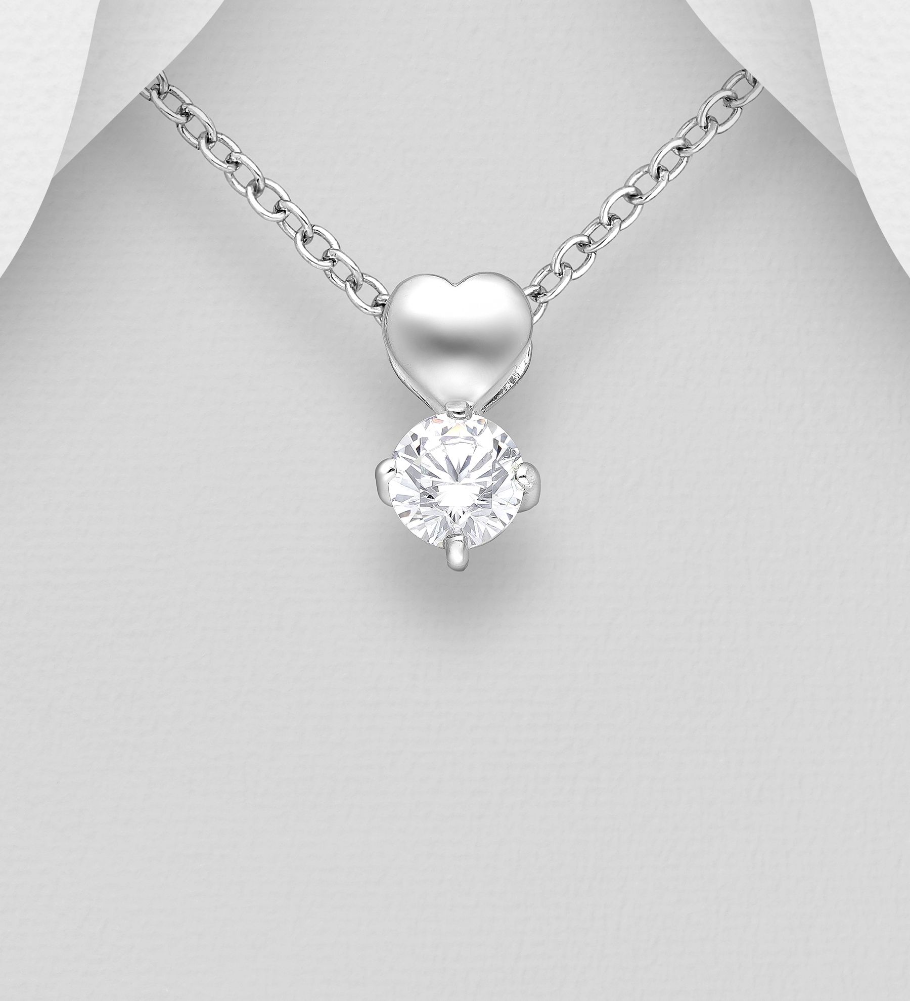 Silverhalsband hänge med Hjärta & rund Cubic Zirkonia - vackert halsband till tjej/ dam i äkta 925 sterling silver
