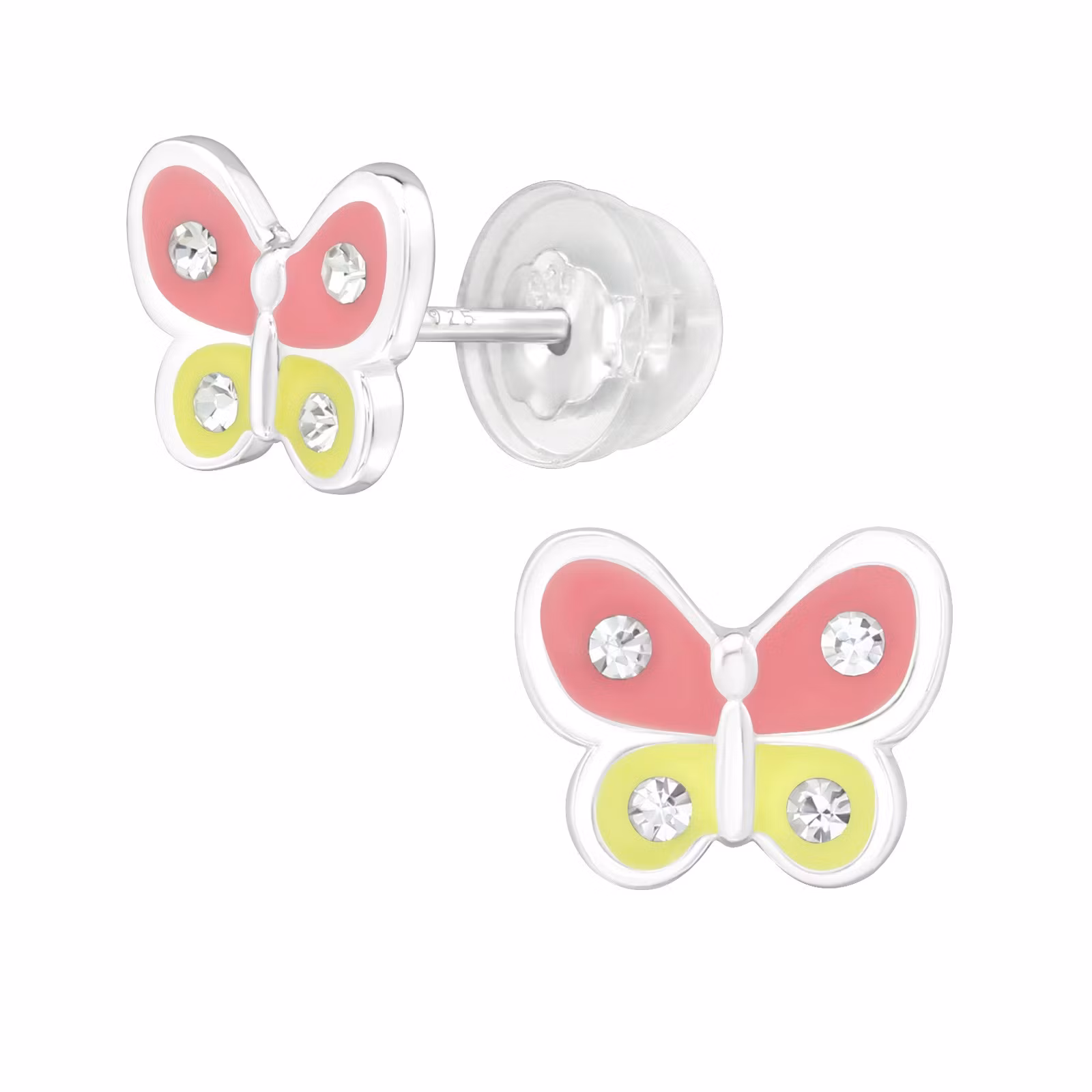 Barnörhängen Fjäril rosa & gul - söta örhängen till barn i äkta 925 sterling silver