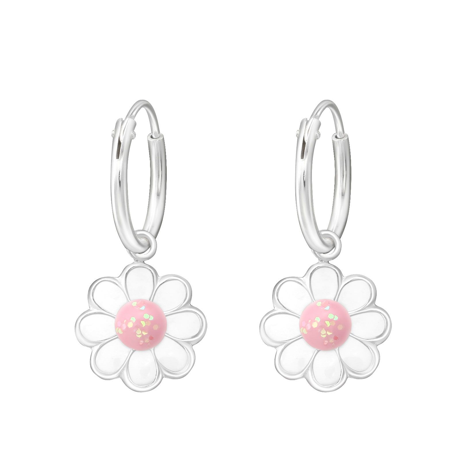 Hängande örhängen till barn - ringar vit & rosa Blomma - barnörhängen i äkta silver