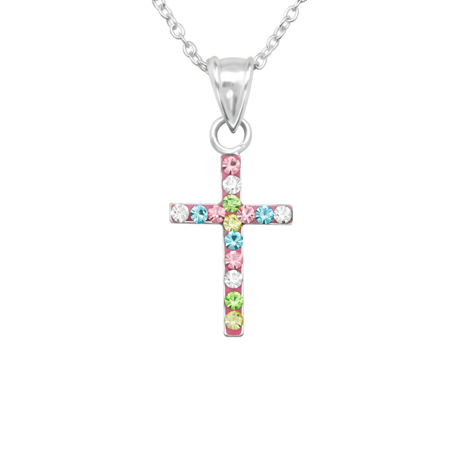 Barnhalsband Kors MINI - halsband barn silverkors med färgade stenar - barnsmycken i äkta silver