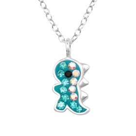 Barnhalsband glittrig turkos Dino - sött barnsmycke i silver