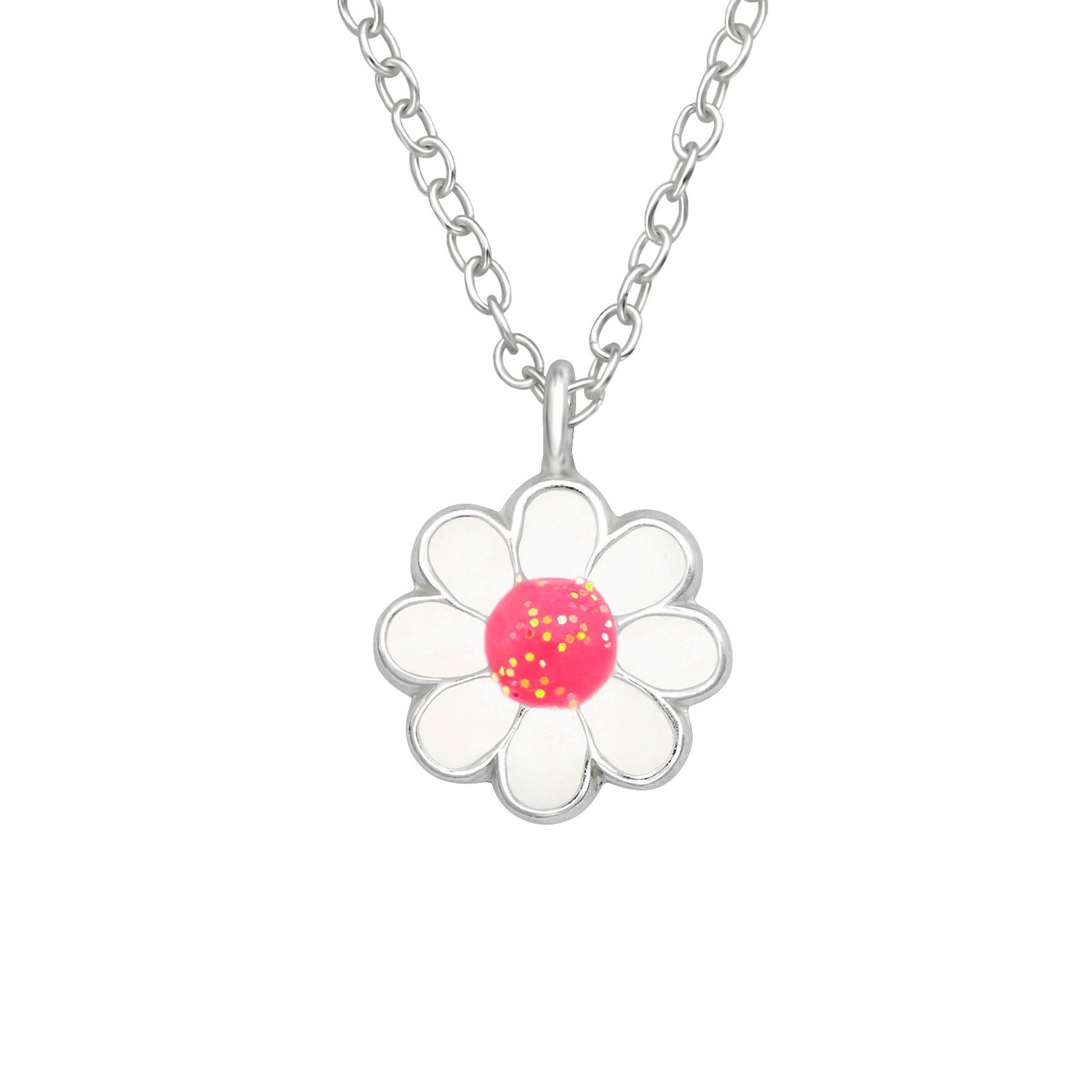 Barnhalsband Blomma vit & rosa - sött halsband till barn - barnsmycken i äkta silver