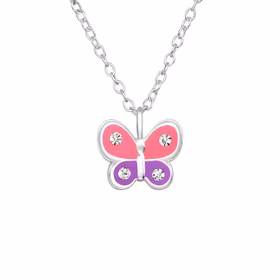 Barnhalsband Fjäril rosa & lila - sött halsband till barn i silver