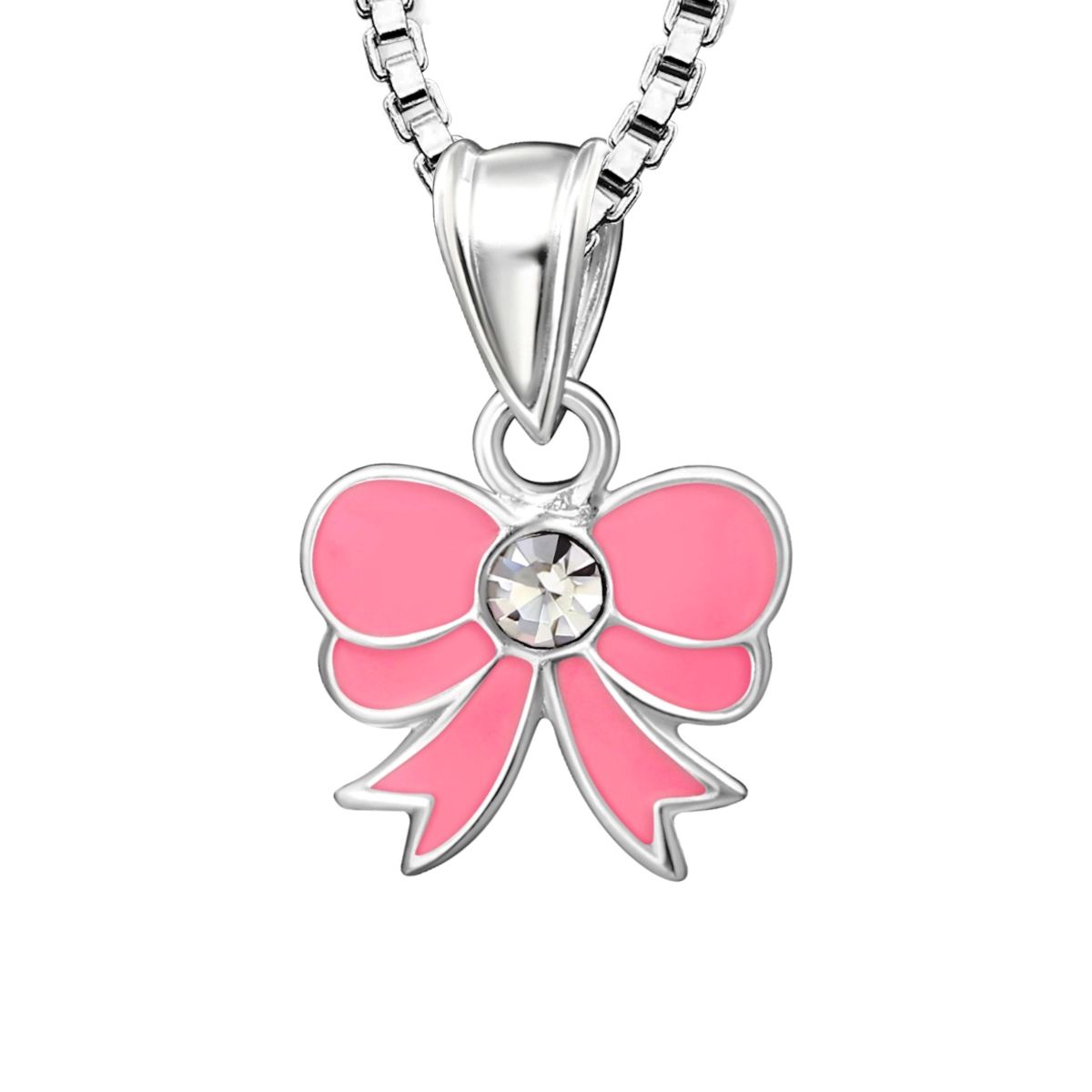 Barnhalsband rosa Rosett med vit sten - sött halsband till barn i äkta 925 sterling silver