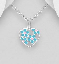 Barnhalsband Hjärta blå/rosa blommor - halsband i silver