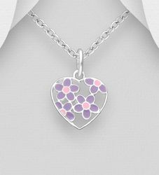 Barnhalsband Hjärta lila/rosa blommor - halsband i silver