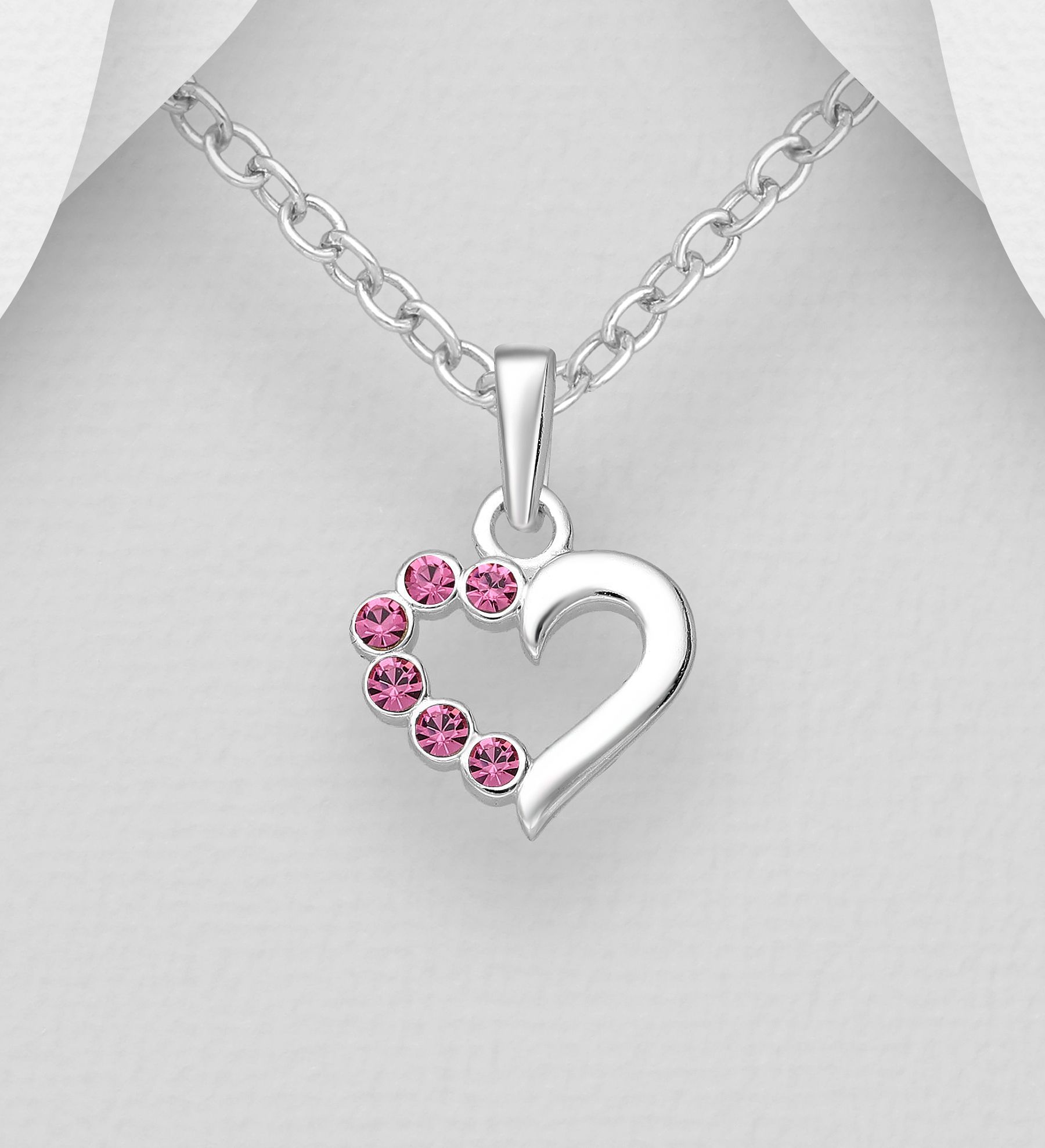 Barnhalsband Hjärta i silver med mörkrosa glittrande stenar - sött halsband till barn i äkta 925 sterling silver