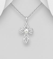 Halsband med kors - Silverkors med pärla och cubic stenar