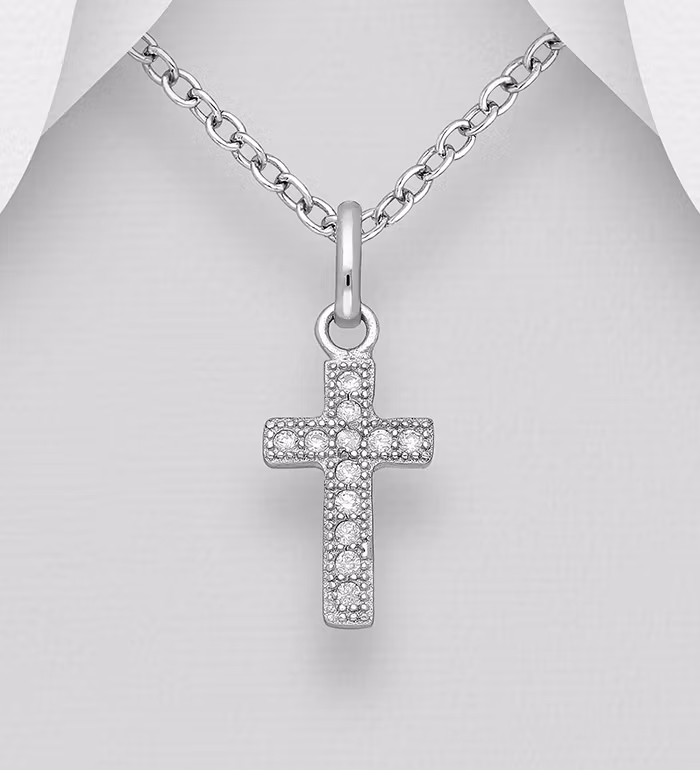 Halsband med kors till tjej/ dam - rakt Silverkors i äkta 925 silver med glittrande stenar