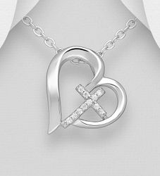 Halsband med kors - Silverhjärta med litet glittrande kors