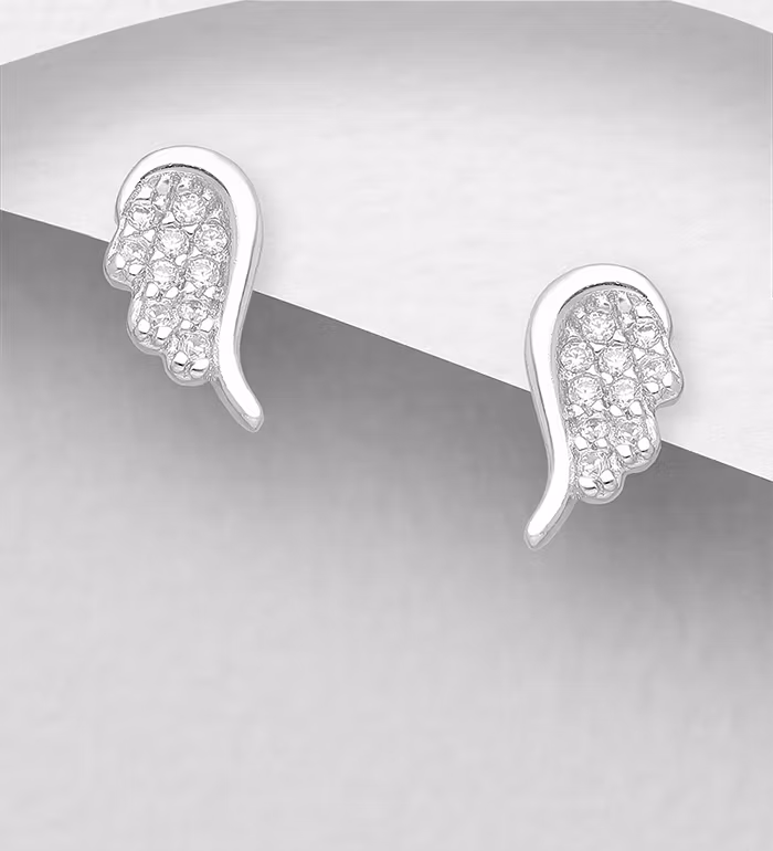 Silverörhängen Änglavingar fulla med glittrande cubic zirkonia stenar - Snygga & fina örhängen, studs i äkta sterling silver med änglavinge