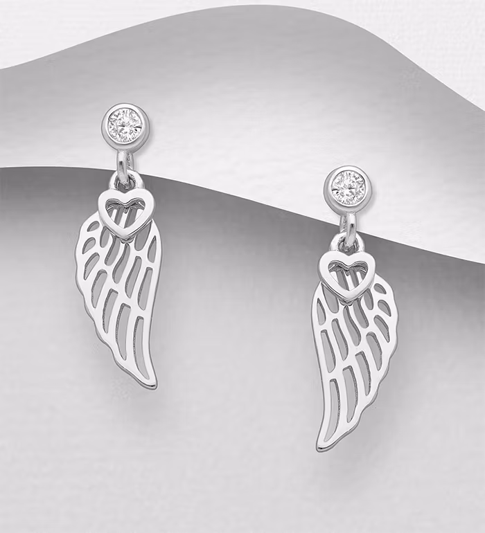 Silverörhängen hängande Änglavingar med hjärtan & cubic zirkonia stenar - Snygga & fina örhängen i äkta sterling silver
