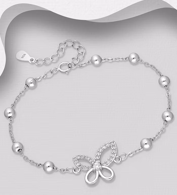 Silverarmband med söta berlocker av Fjäril & silverkulor - armband till tjej/ dam i snygg design & äkta 925 sterling silver