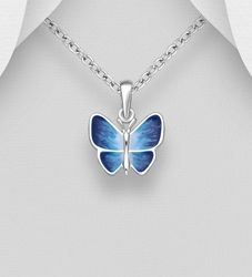 Barnhalsband i silver - söt blå Fjäril i äkta 925 sterling silver
