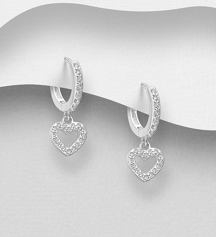 Silverörhängen Hoops, med hängande glittriga Hjärtan - Snygga & fina örhängen, ringar hjärtörhängen i äkta sterling silver