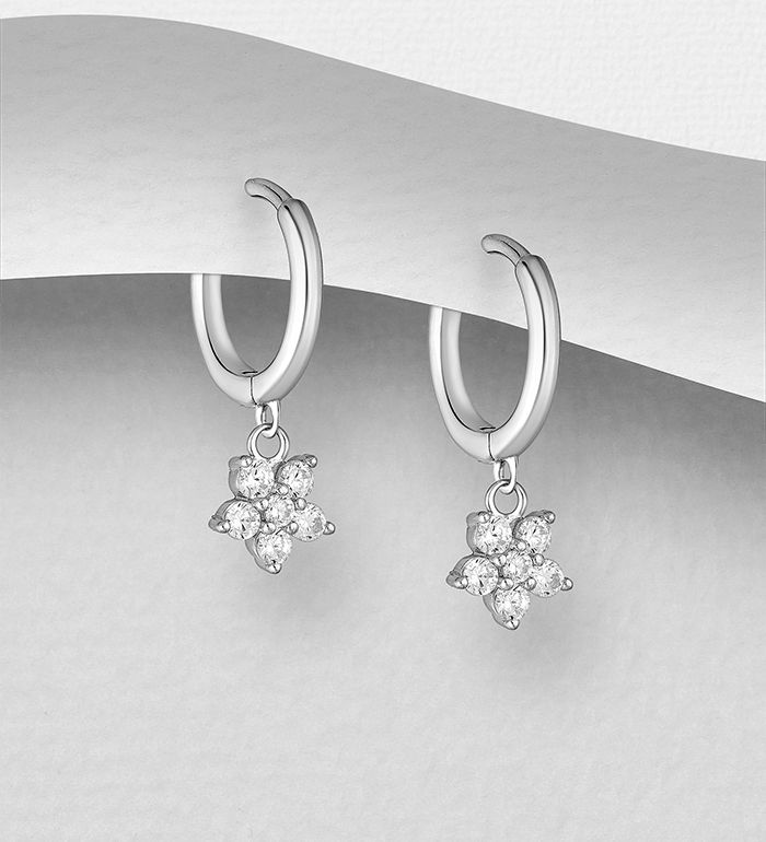 Silverörhängen Hoops med hängande glittriga Blommor av cubic stenar - Snygga & fina örhängen, ringar i äkta sterling silver