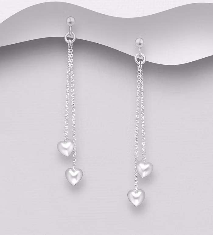 Silverörhängen hängande - långa örhängen med två hjärtan - örhängen i äkta sterling silver