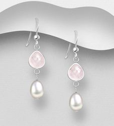 Silverörhängen hängande - långa med rosa kvarts & pärla