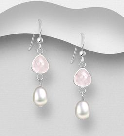 Silverörhängen hängande - långa med rosa kvarts & pärla