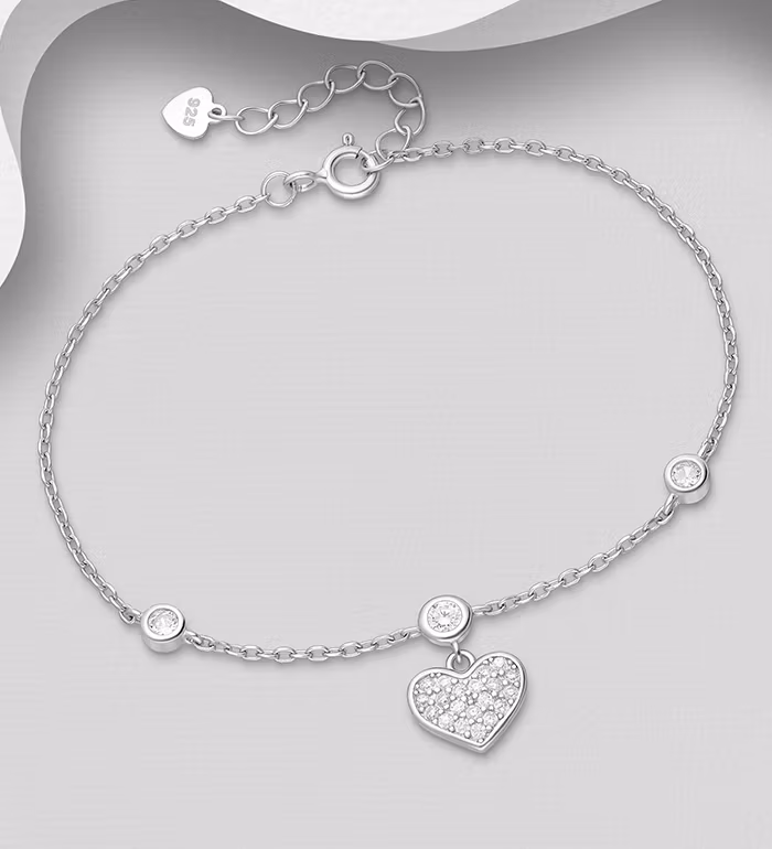 Silverarmband med hjärta & tre cubic stenar - armband till tjej/ dam i snygg design & äkta 925 sterling silver