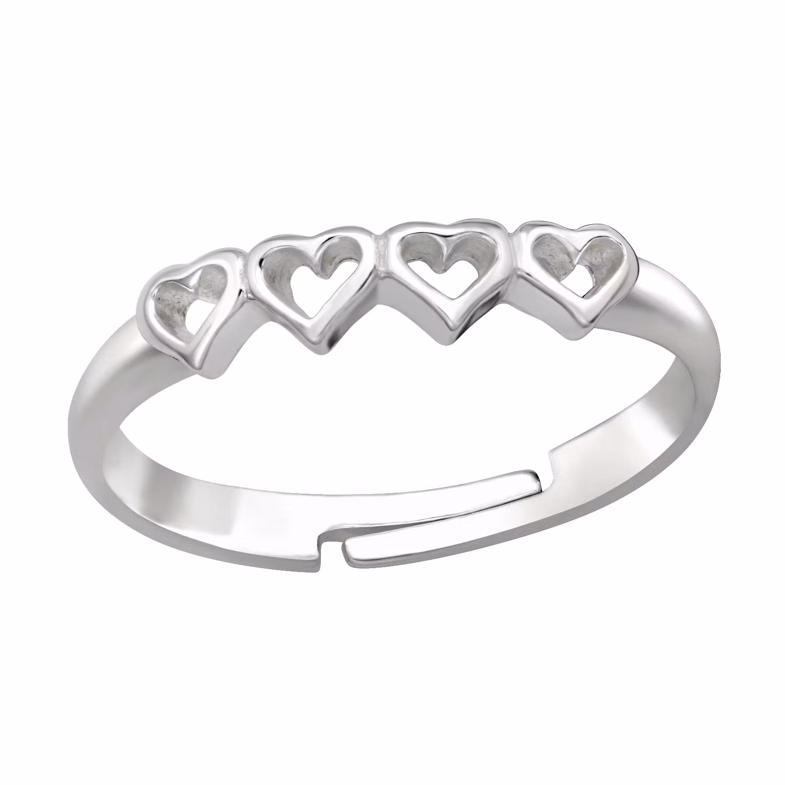 Barnring Hjärtan på rad - söt justerbar silverring,  ring till barn i äkta 925 sterling silver