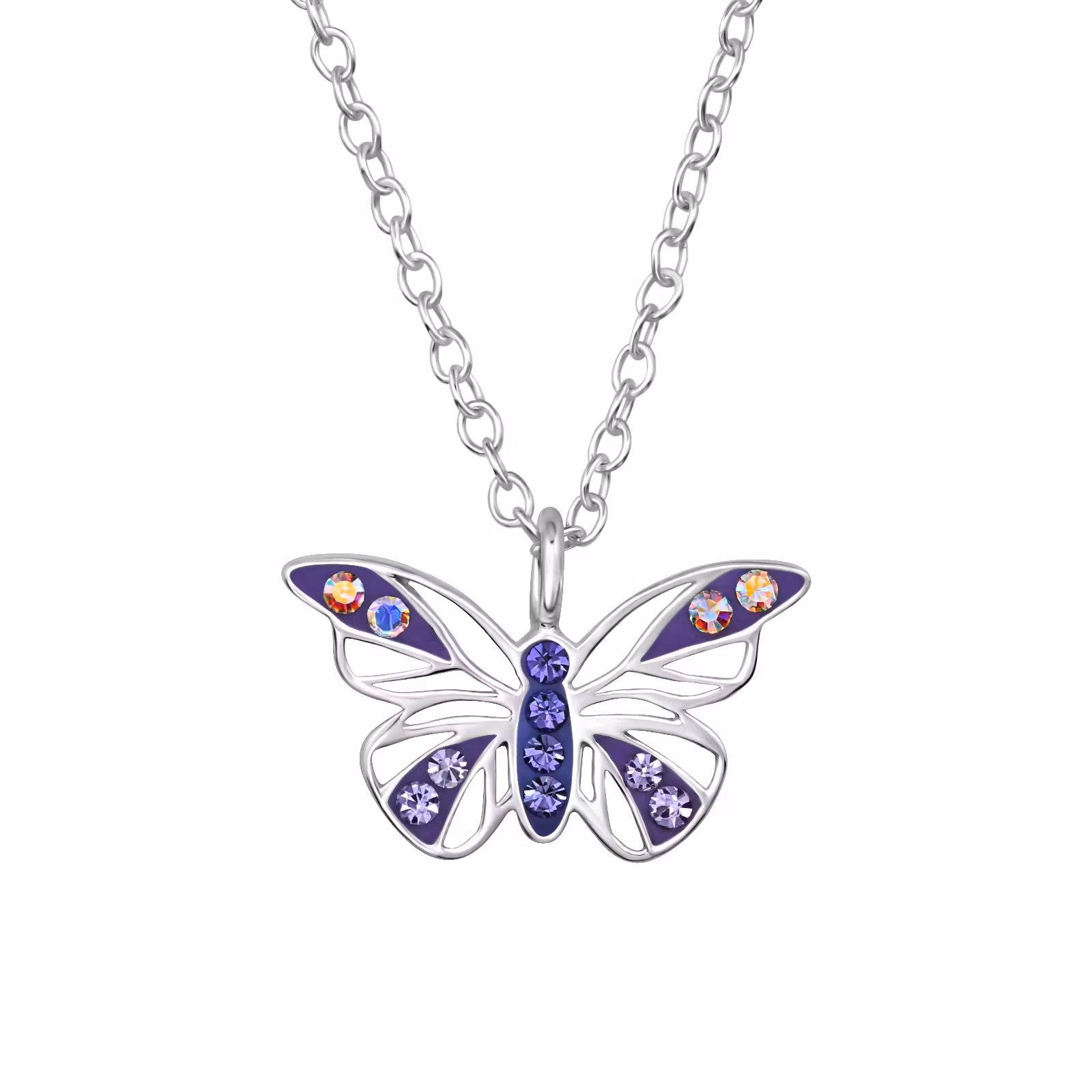 Barnhalsband Fjäril lila glitter - sött halsband till barn - barnsmycken i äkta sterling silver