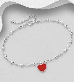 Silverarmband med rött hängande Hjärta & silverkulor