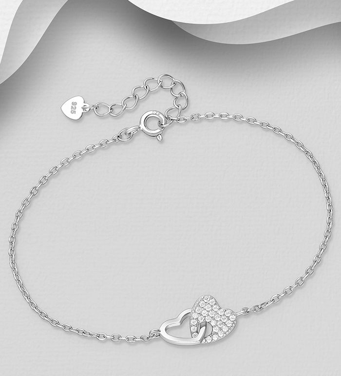 Silverarmband tunt med två sammanbundna Hjärtan - armband till tjej/ dam i snygg design & äkta 925 sterling silver