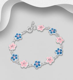 Armband till barn Rosa & Blå Blommor - barnarmband i silver