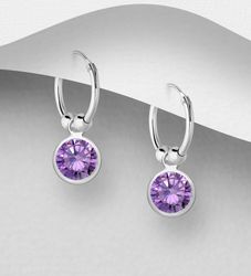 Silverörhängen hoops - ringar med lila cubic zirkonia stenar