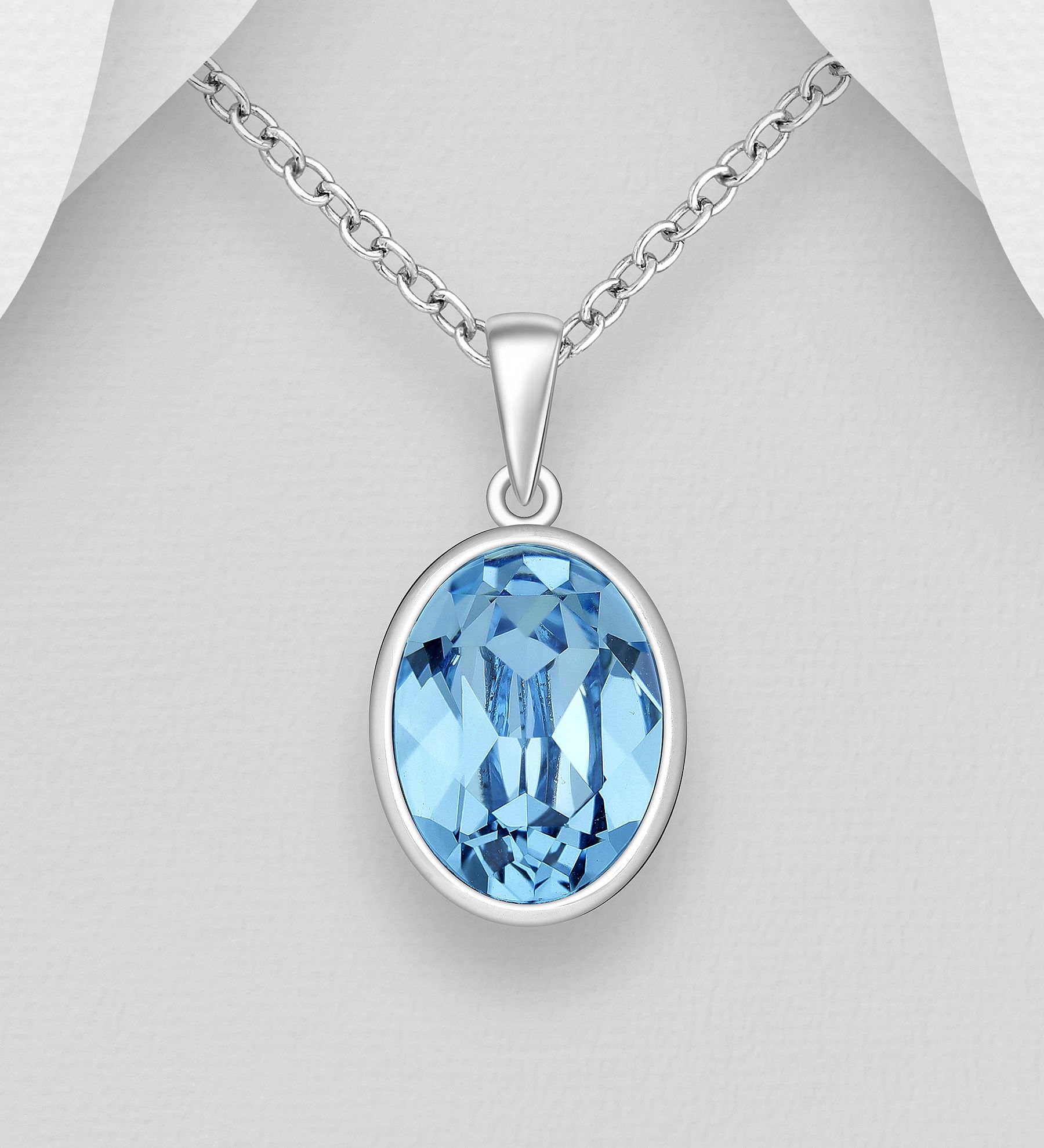 Silverhalsband vacker Oval blå kristall - äkta sterling silver