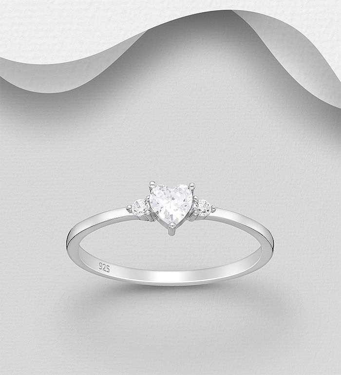 Silverring Cubic Zirkonia hjärta & två små stenar - fina, snygga ringar till tjej/ dam i äkta 925 sterling silver