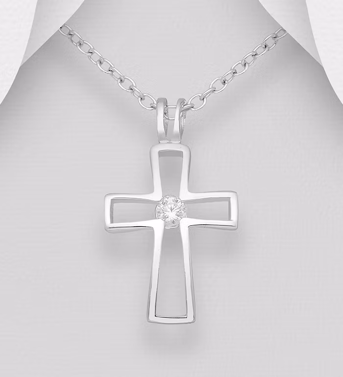 Halsband med kors i äkta 925 sterling silver - Silverhalsband med elegant silverkors - Korshalsband med sten till dam