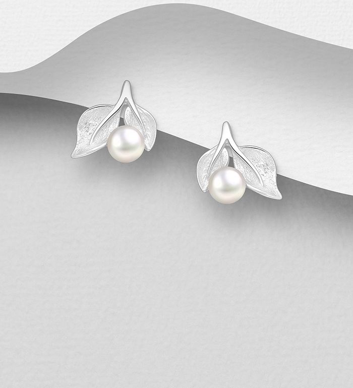 Silverörhängen eleganta löv med sötvattenpärlor - Snygga & fina örhängen i äkta sterling silver