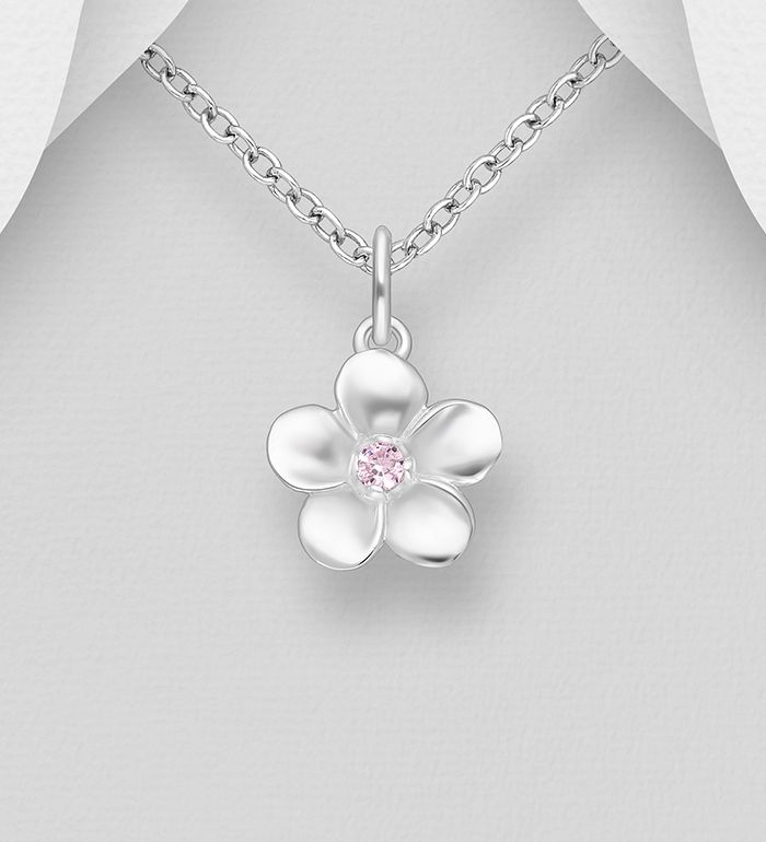 Silverhalsband söt Blomma med ljusrosa cubic sten