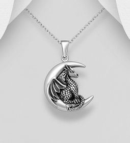 Silverhalsband kille/ herr - Måne med Drake i oxiderat silver
