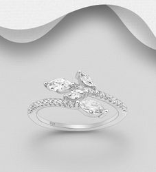 Silverring med löv av cubic zirkonia i omlott design