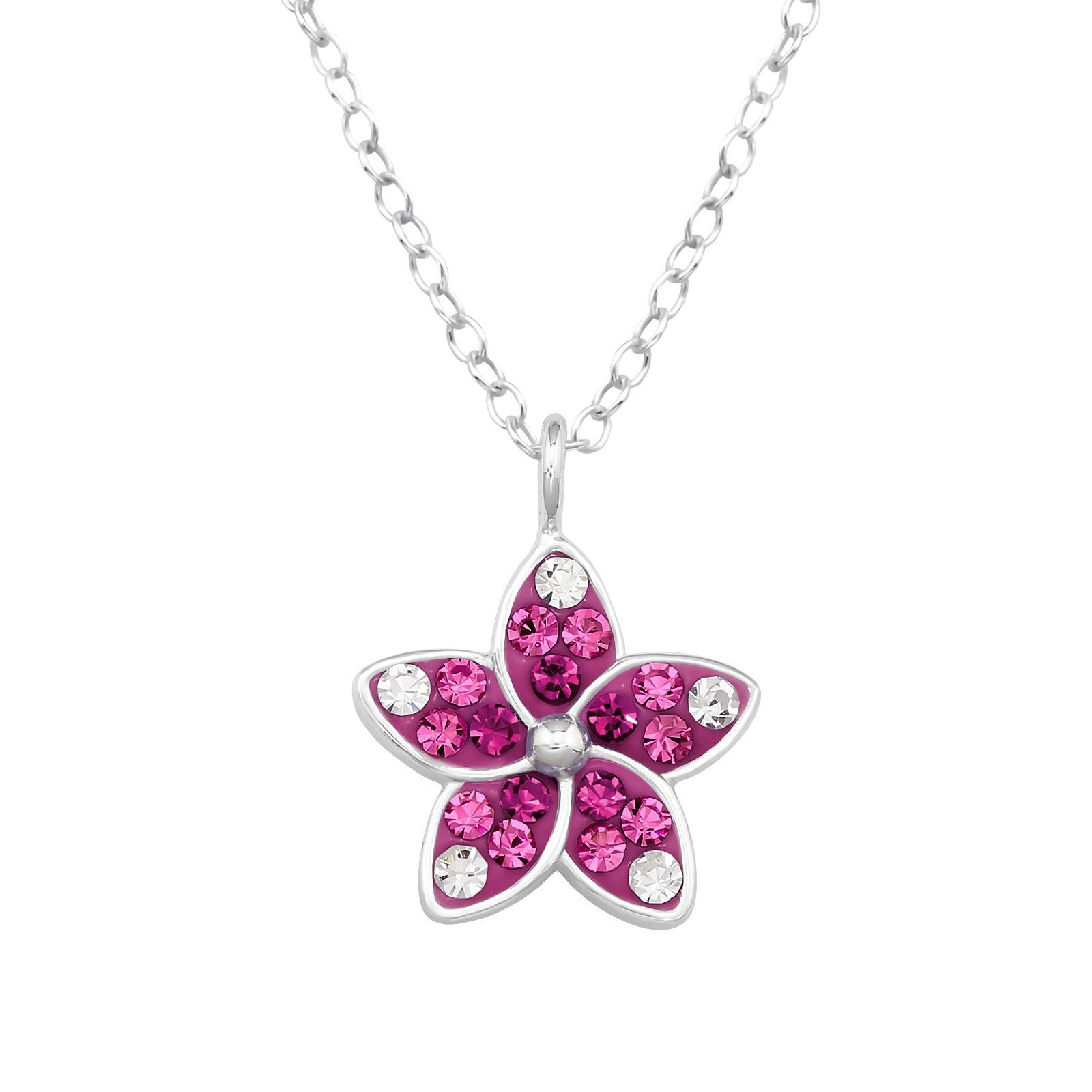 Barnhalsband glittrig Blomma i rosa - halsband till barn - barnsmycken i äkta 925 silver