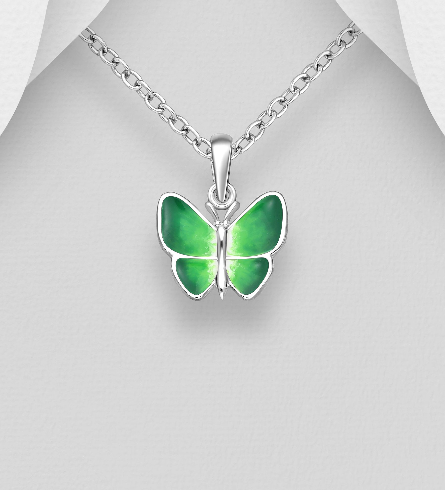 Barnhalsband i silver - söt grön Fjäril i äkta 925 sterling silver