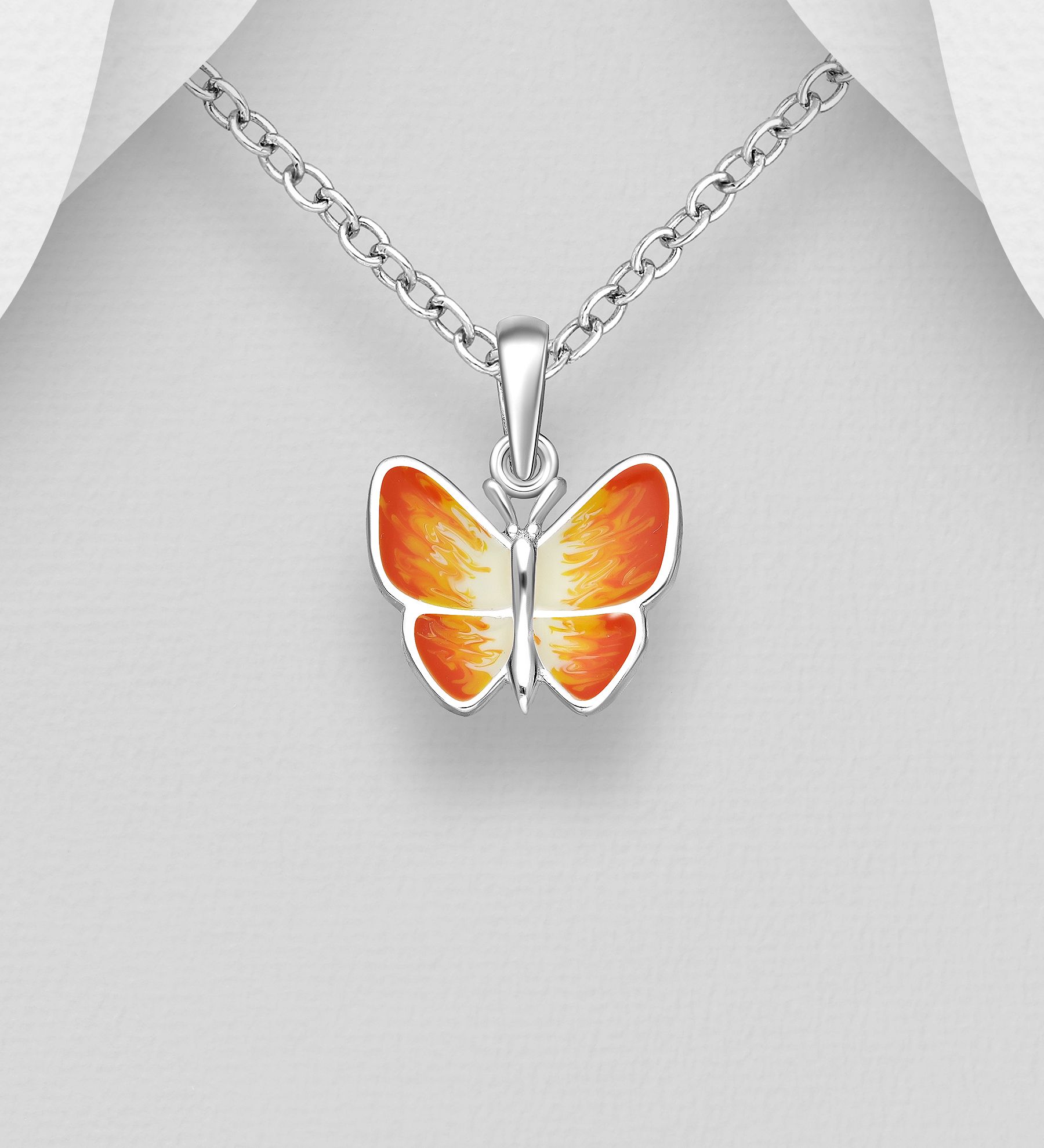 Barnhalsband i silver - söt orange Fjäril i äkta 925 silver
