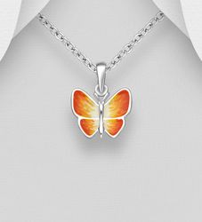 Barnhalsband i silver - söt orange Fjäril i äkta 925 silver